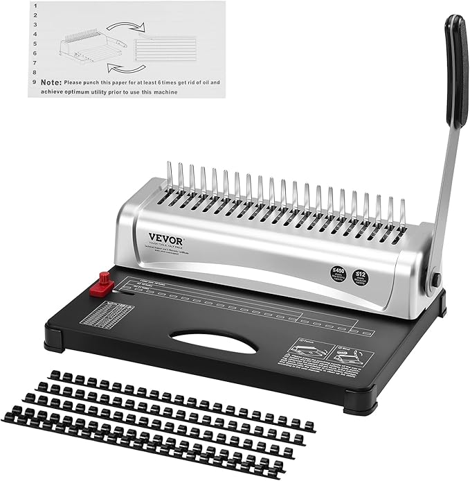 VEVOR Binding Machine, Comb Binding Machine 21-Holes Binding 450 Sheets, Book Binder Machine with 100 PCS 3/8'' Comb Binding Spines, for Letter Size, A4, A5
