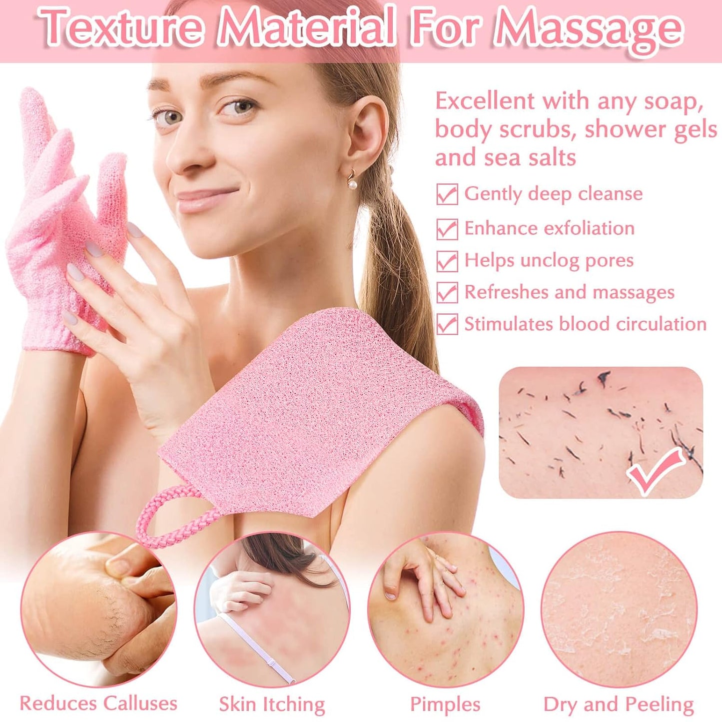 Anezus Exfoliating Shower Bath Gloves Back Scrubber Set for Body, Face, Shower, Bath, Scrub and Exfoliator (Pink)