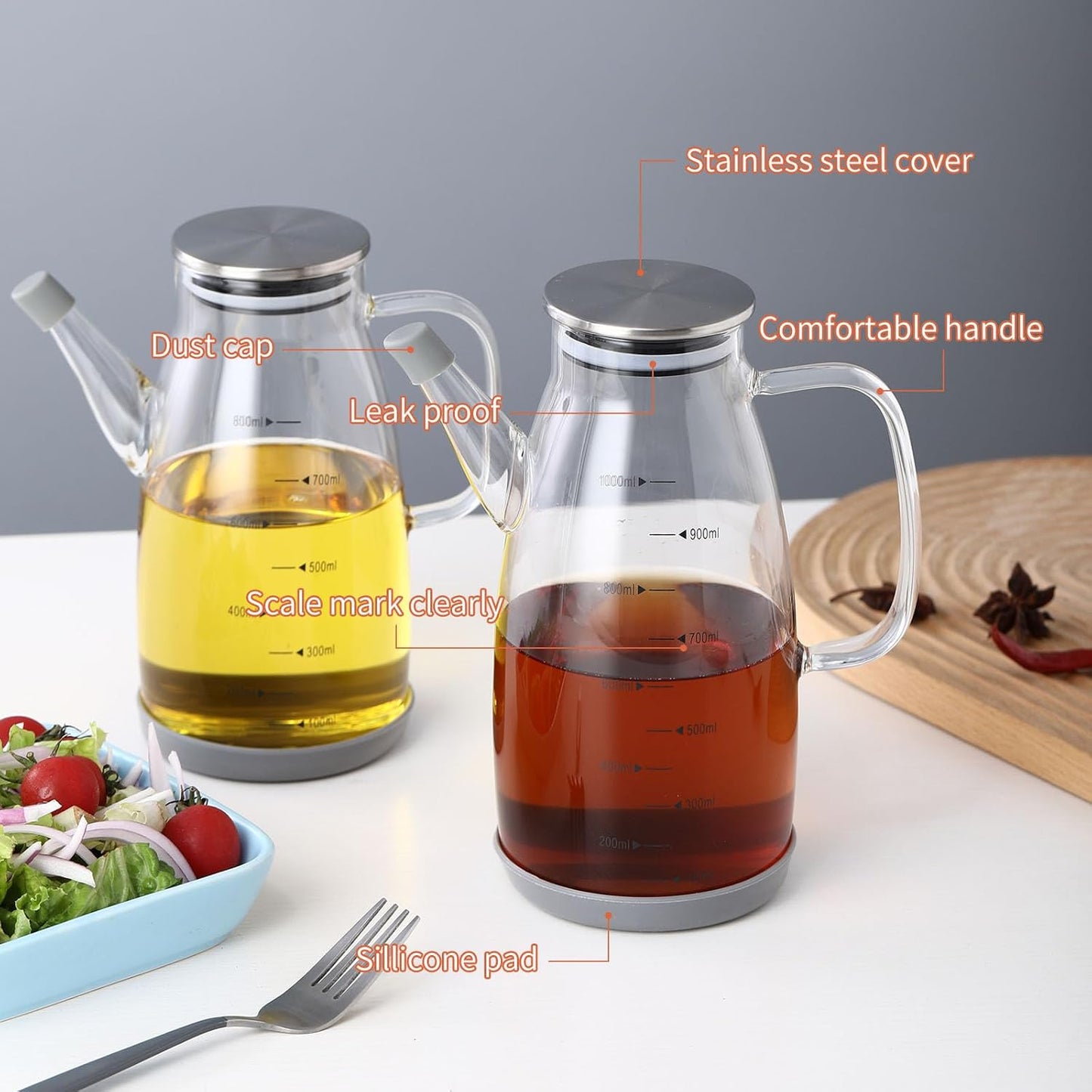 Large Glass Oil Dispenser Bottle for Kitchen Cooking Recipiente Para Aceite De Cocina Olive Oil Vinegar Dispenser Cruet Stainless Steel Lid No Drip Liquid Container (Clear, 20oz / 600ml)