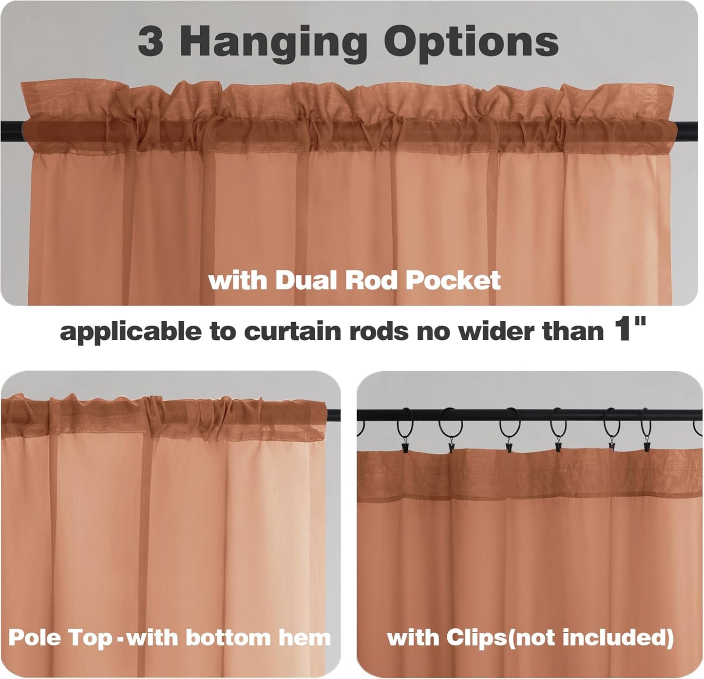Chyhomenyc Orange Sheer Curtains 45 Inch Long 2 Panels, Light Filtering Rod Pocket Voile Short Curtains Drapes for Living Room Bedroom Small Windows, 42Wx45L Inches