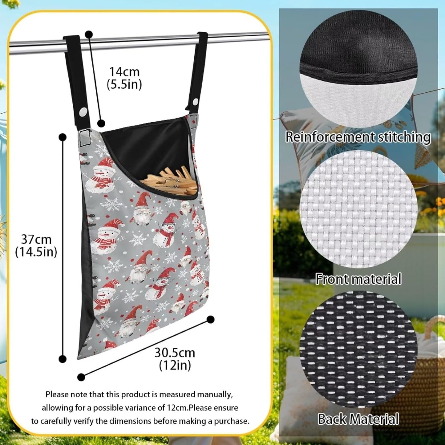 Cute Snowman Large Capacity 14.5 x 12 Inch Clothespin Bag with Hanging Hook Waterproof Clothes Pin Hanging Bag Clothespin Storage Organizer with Large Opening