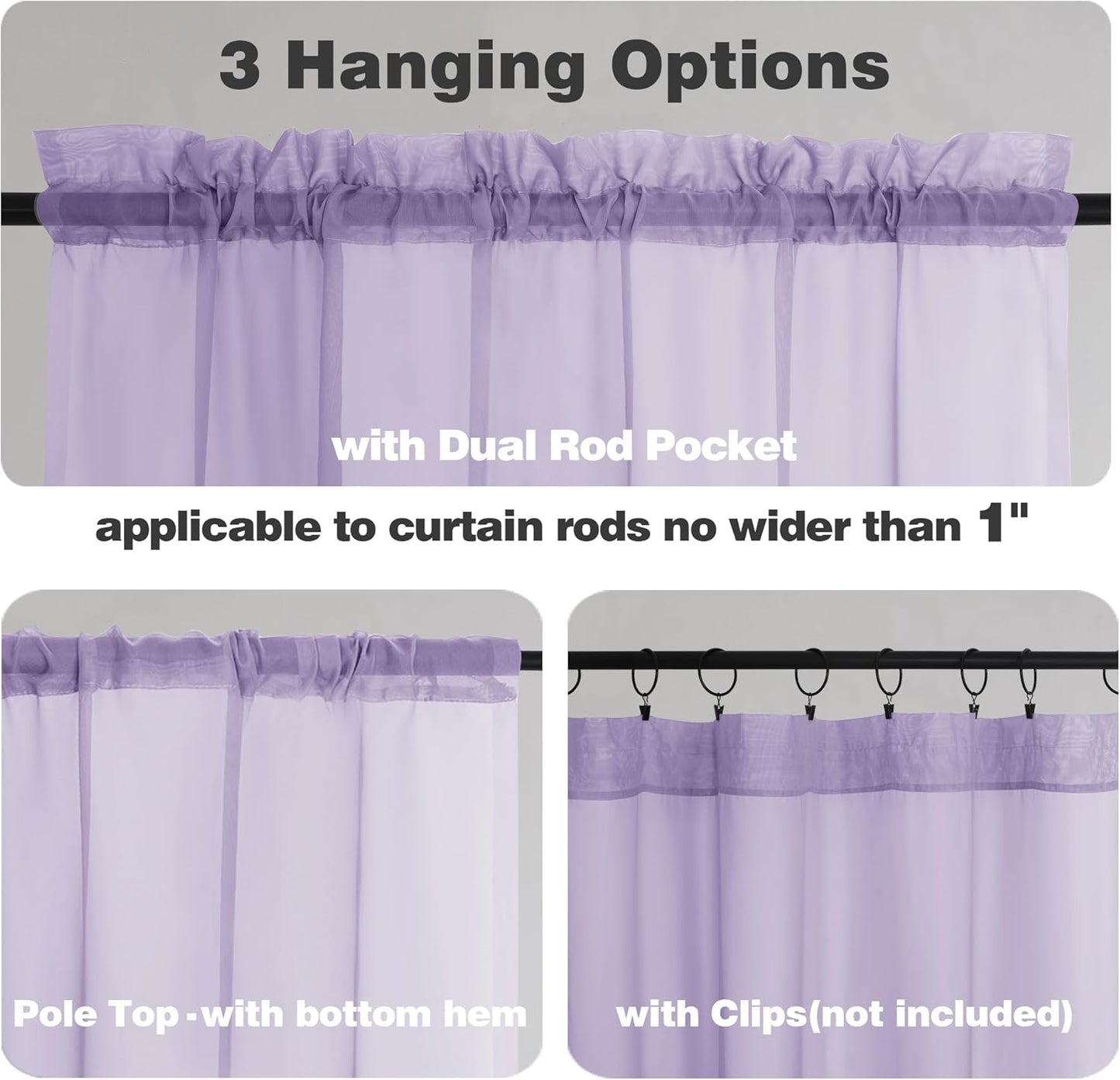 Chyhomenyc Lilac Sheer Curtains 72 Inch Length 2 Panels, Light Filtering Soft Airy Rod Pocket Voile Window Curtain Drapes for French Door Bedroom Living Room, Each 42Wx72L Inches