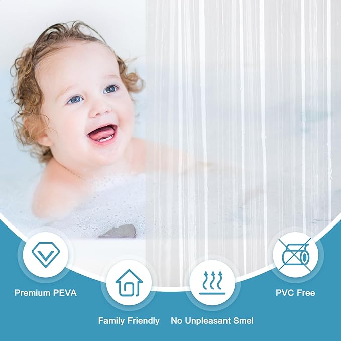 EurCross Clear PEVA Bathroom Shower Curtain Liner 64x72 inch, Waterproof High-Grade See-Through Plastic Shower Curtain with 5 Magnets,10 Metal Grommets and Hooks