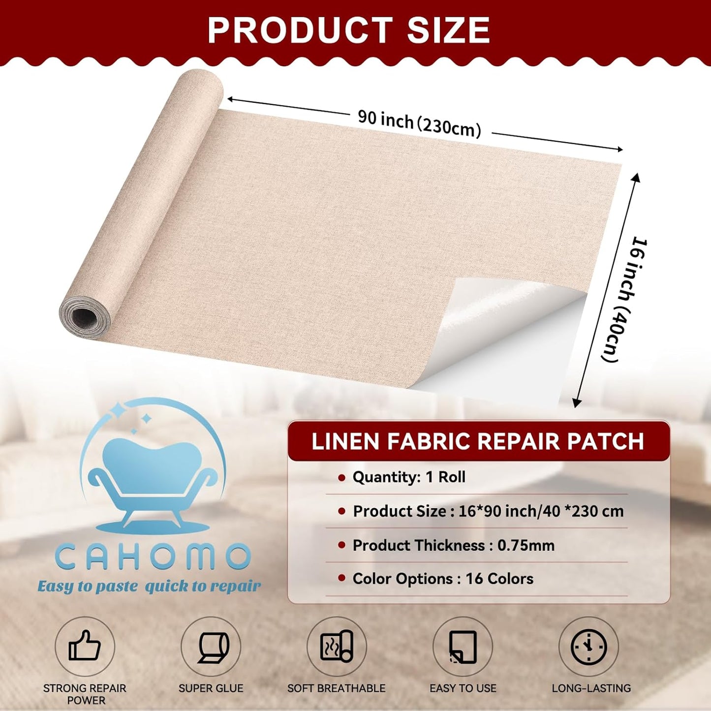 Linen Repair Tape 16x90 inch, Self Adhesive Fabric Patches, Linen Patch Tape Kit, Fabric Repair Tape for Couch Sofas, Headboards, Chairs, Pillows, Curtains, Couches - Light Brown