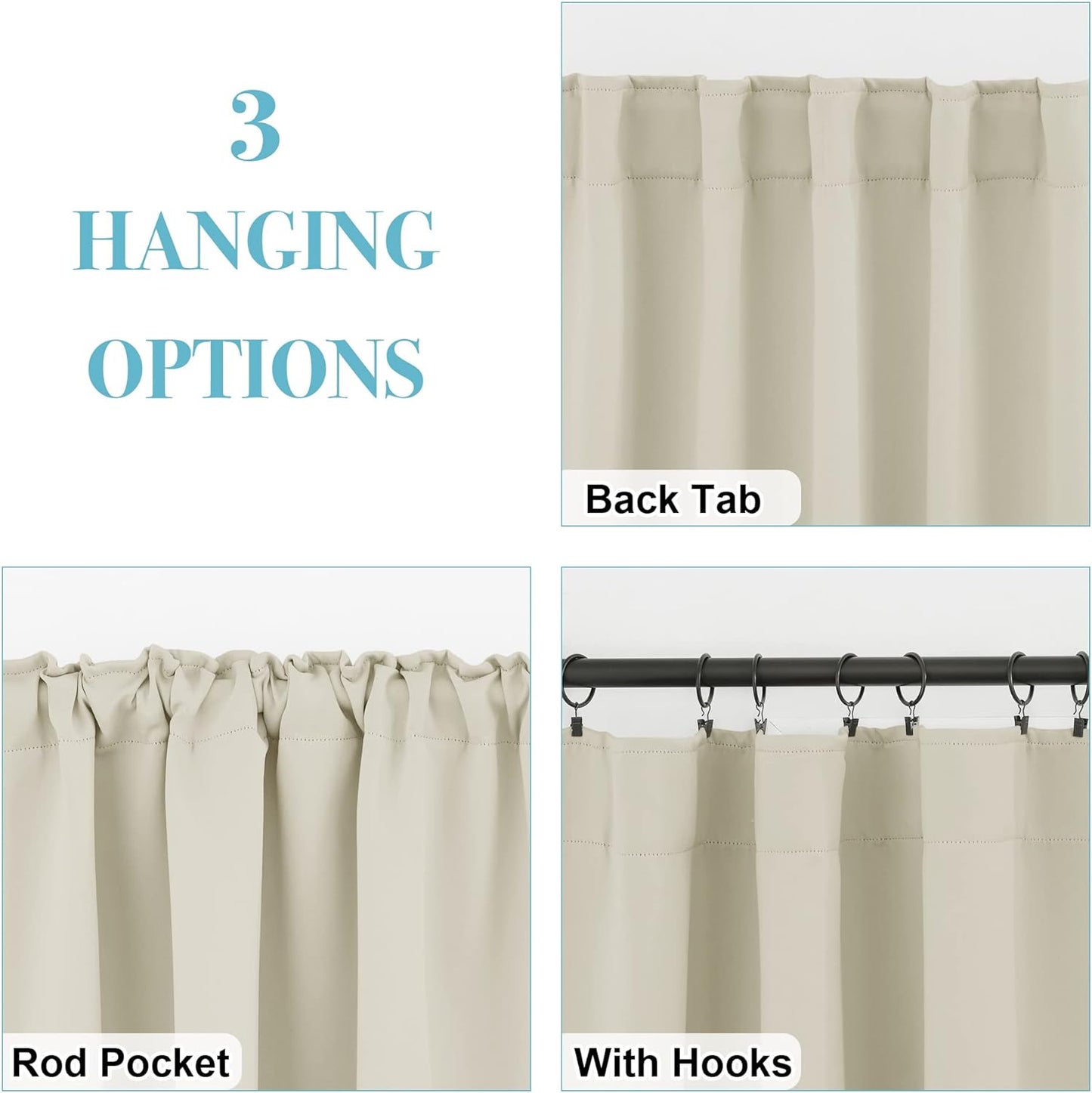 RYB HOME Room Darkening Curtains 2 Panels Set, Energy Efficient Privacy Drapes Back Tabs Small Wondow Shades for Basement Bathroom Kids' Room, 42-inch Wide by 63-inch Long, Beige