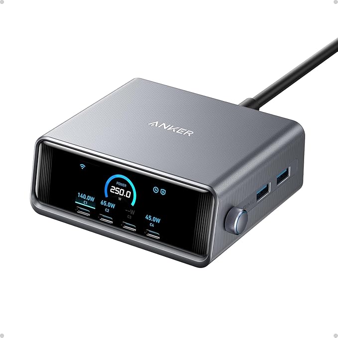 Anker Prime Charging Station, 250W 6-Port GaN USB C Charger, 2.26" LCD Smart Display Control, Compatible with iPhone, Galaxy, MacBook, Dell for Home Office, Gaming Desk Accessories