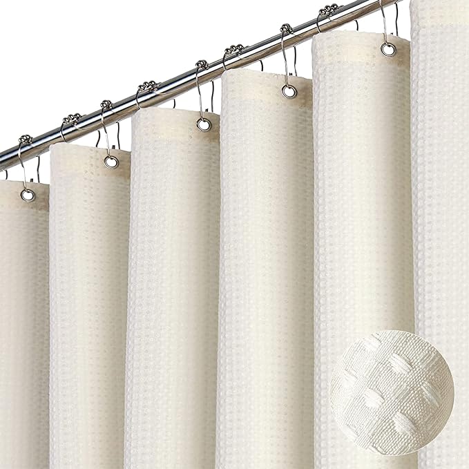 Dynamene Extra Long Shower Curtain,96 Inch Long Waffle Weave Weighted Thick Cloth Bathroom Shower Curtain, Neutral Heavy Duty Hotel Bath Curtain Set with 12 Plastic Hooks,72x96,Cream/Ivory
