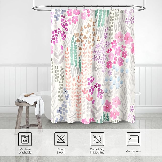 Small Stall Shower Curtain 36 x 72 Inch, Half Narrow Cute Floral Shower Curtain for Bathroom, Hot Pink Wildflower Boho Cottagecore Fabric Shower Curtain Set with Hooks
