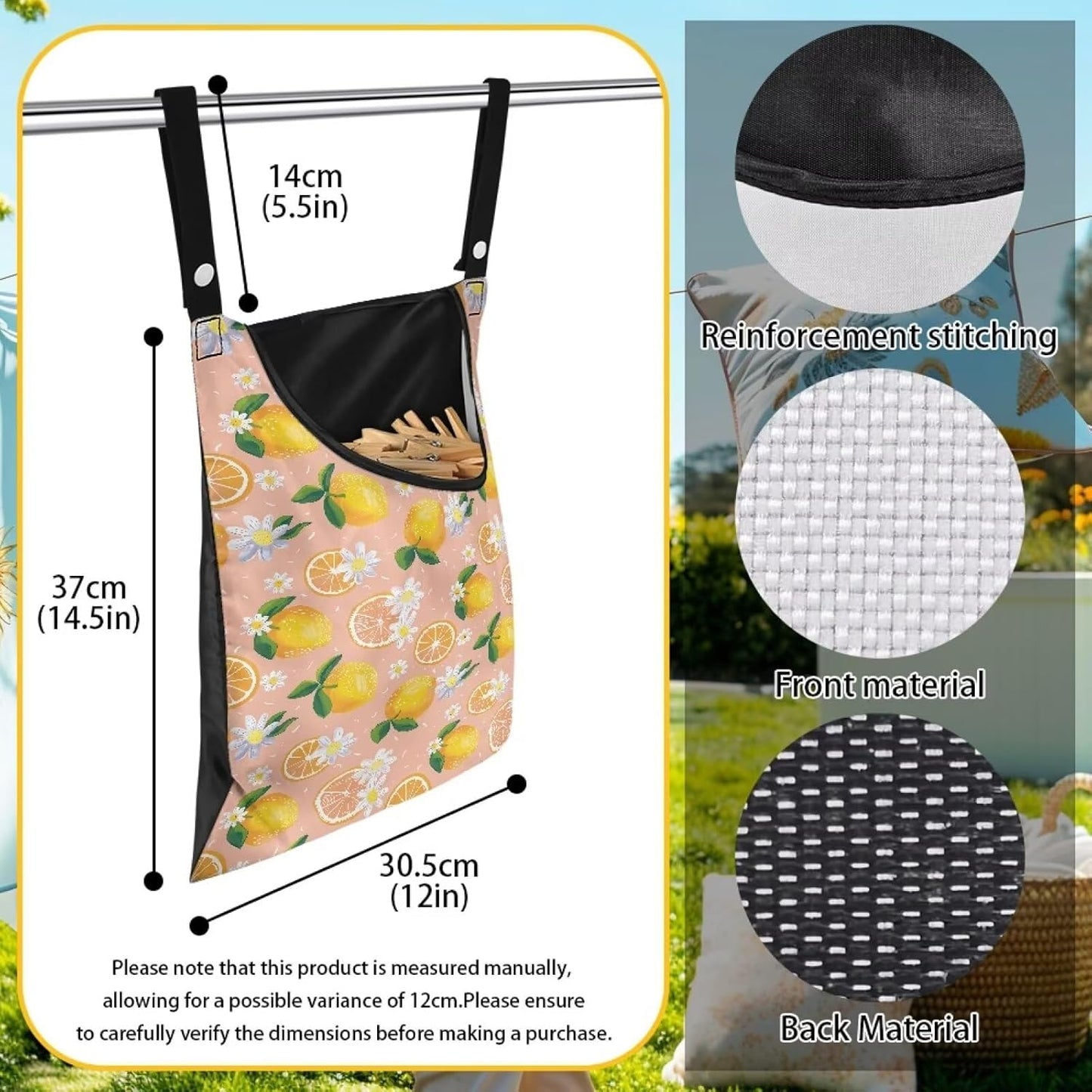 Lemon Print Clothespin Holder with Hanger Hook - Space-Saving Indoor and Outdoor Clothespin Organizer