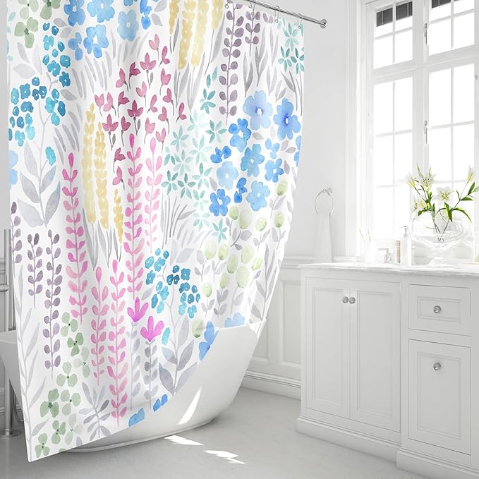 Long Shower Curtain 72 x 78 Inch, Tall Cute Floral Shower Curtain for Bathroom, Blue Pink Yellow Wildflower Boho Cottagecore Fabric Shower Curtain Set with Hooks