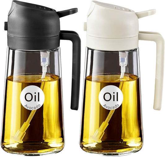 YARRAMATE 2Pcs 16oz/470ml 2 in 1 Oil Sprayer for Cooking with Stickers, Food-grade Glass Oil Spray Bottle, Oil Dispenser and Oil Sprayer for Kitchen, Salad, Frying, BBQ (White &Black)