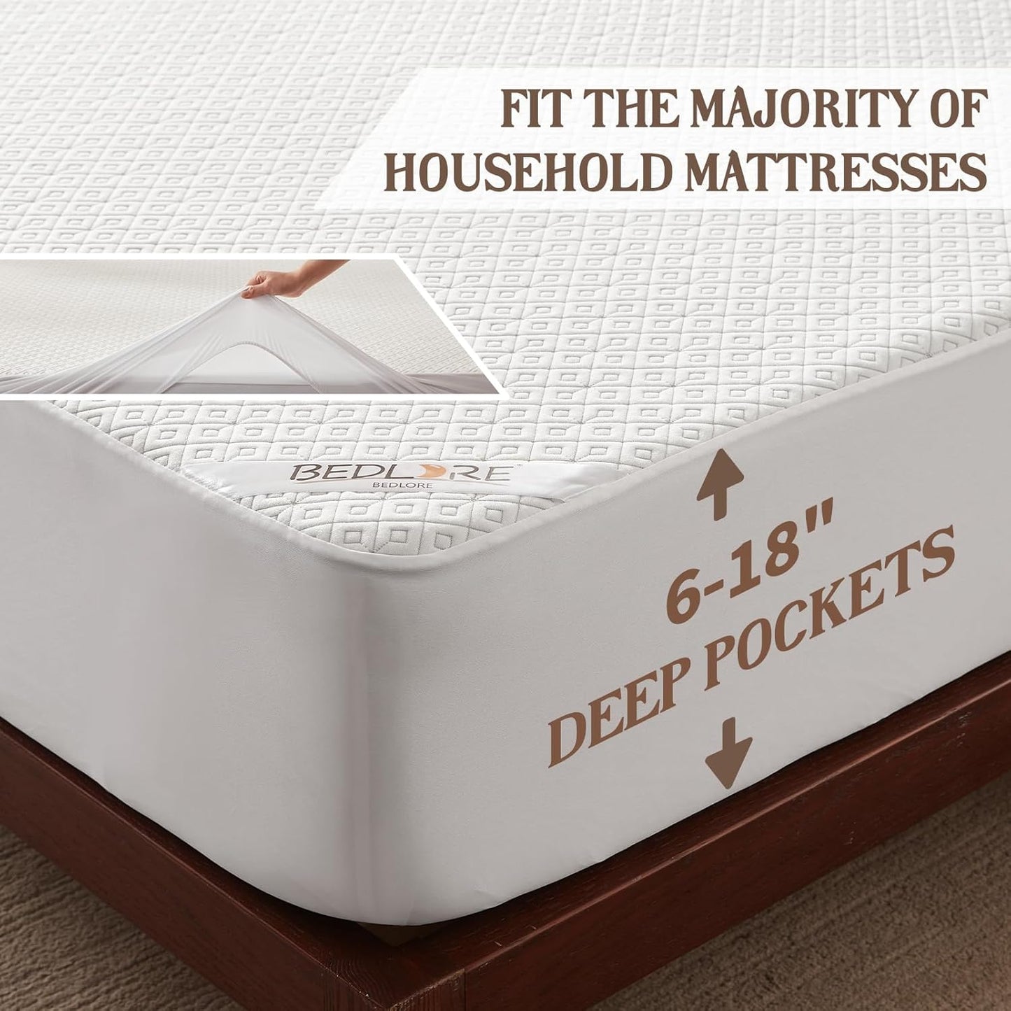 BEDLORE California King Mattress Protector, Waterproof Noiseless Mattress Cover with Deep Pocket for 6-18 inches Mattress, Soft Breathable Mattress Pad Machine Washable (White)