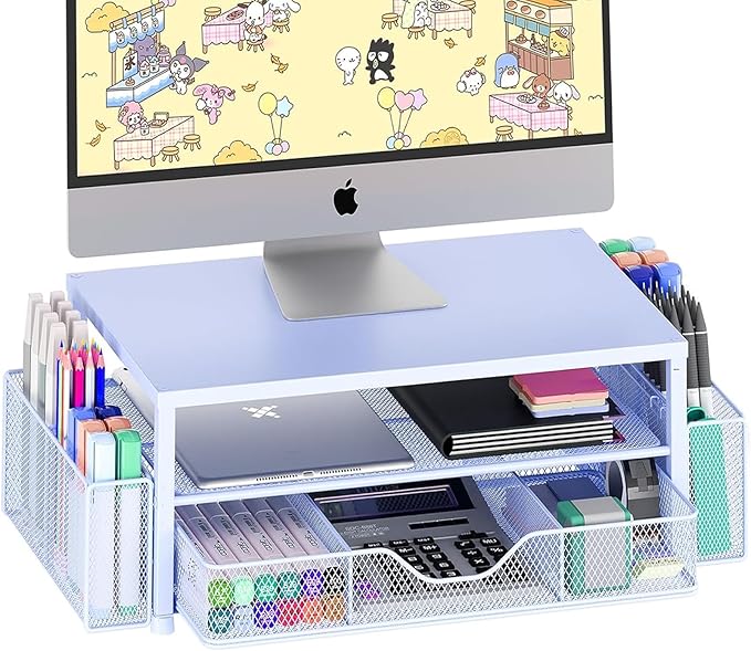 OPNICE Desk Organizers and Accessories, 2-Tier Computer Monitor Stand Riser with Drawer and 2 Pen Holders, Laptop Stand, Office Desk Accessories for Office Supplies, Blue