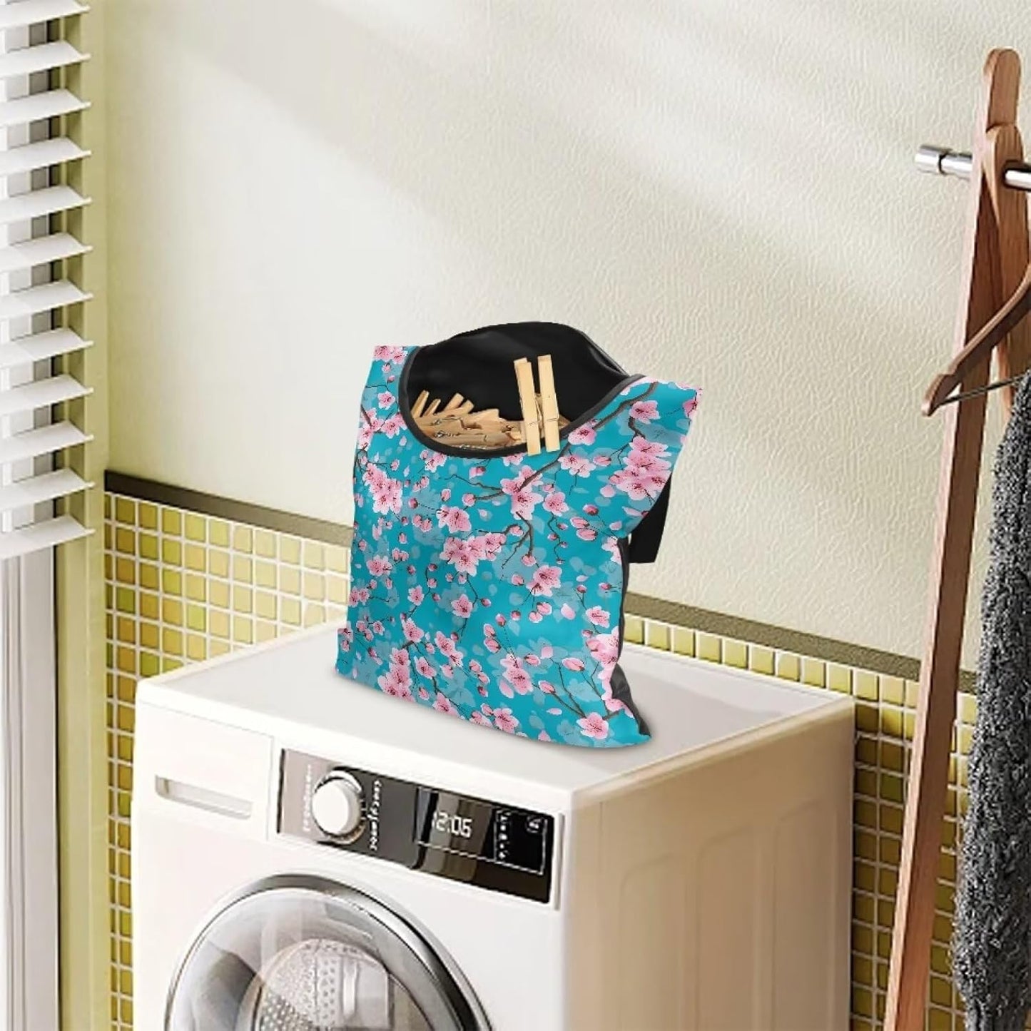 Cherry Blossom Clothespin Pouch with Hanging Hook - Waterproof Clothespin Storage for Outdoor Use