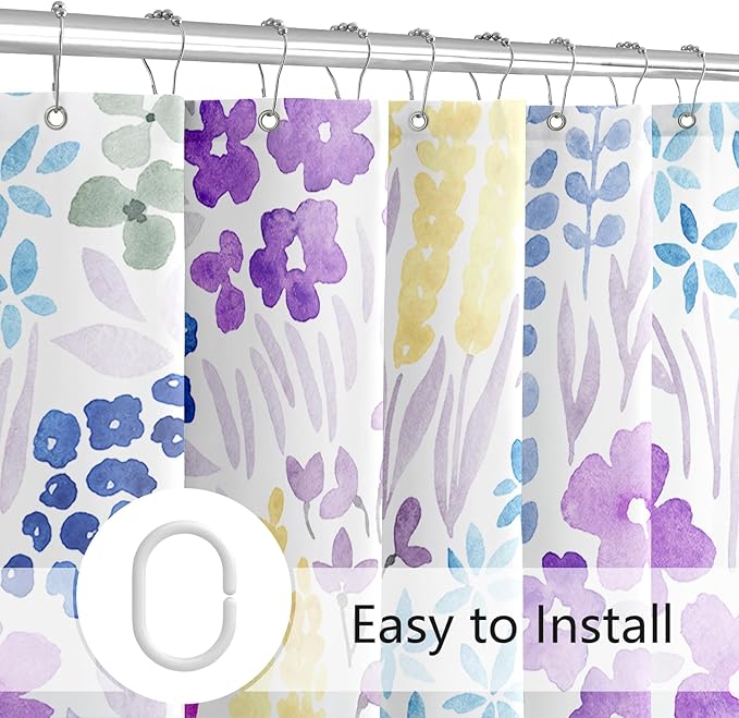 Extra Long Shower Curtain 72 x 96 Inch, Floor to Ceiling X-Long Tall Purple Floral Shower Curtain for Bathroom, Wildflower Boho Cottagecore Fabric Shower Curtain Set with Hooks, Lavender Purple