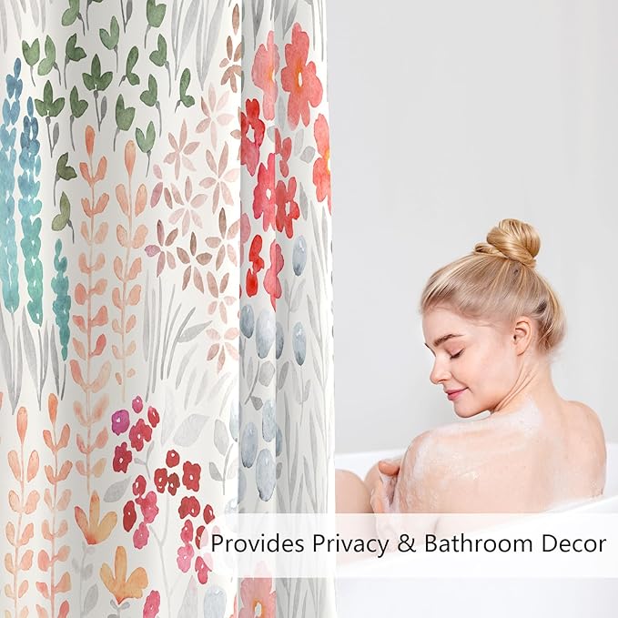 Extra Long Shower Curtain 72 x 96 Inch, Floor to Ceiling X-Long Tall Cute Floral Shower Curtain for Bathroom, Retro Red Teal Wildflower Boho Cottagecore Fabric Shower Curtain Set with Hooks