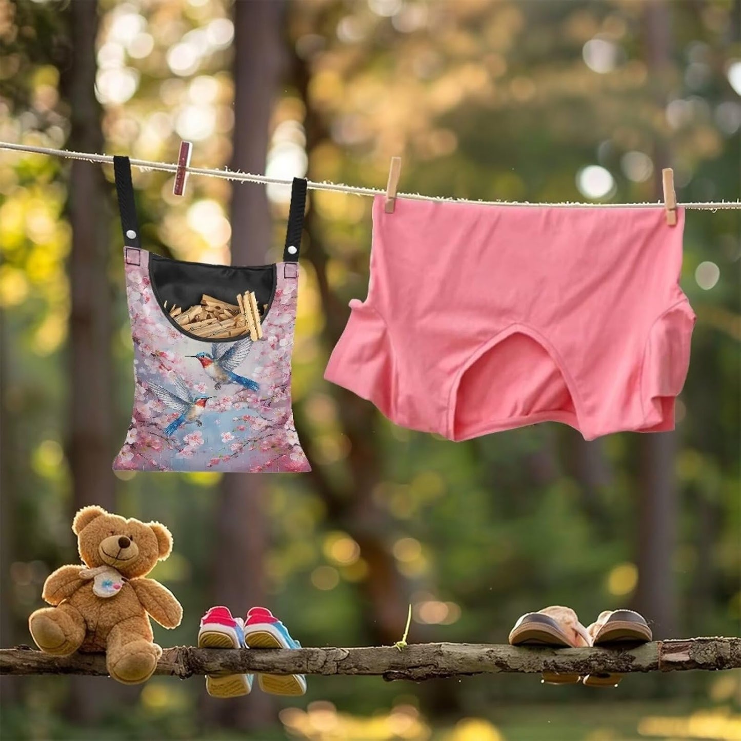 Hummingbird Clothespin Bag with Hanging Hook Cherry Blossom Clothes Pin Holder Waterproof Clothespin Storage Organizer with Large Opening Clothespin Bag for Clothesline Outdoor