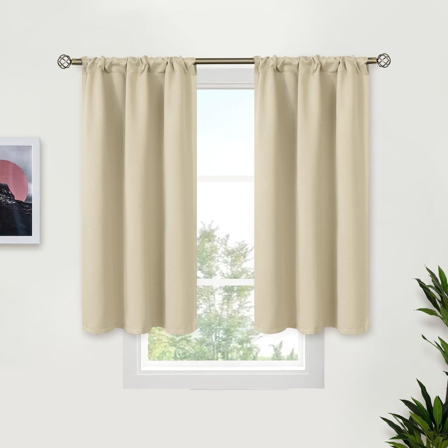 BGment Beige Blackout Curtains for Bedroom Kitchen 45 Inches Long - Short Thermal Insulated Drapes with Rod Pocket Privacy for Bathroom Small Window, 34 x 45 Inch, 2 Panels