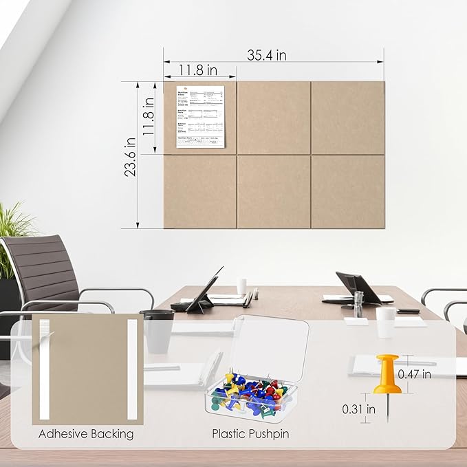 MaxGear Large Cork Board for Wall 36" x 24", Tan Bulletin Board, 6 Pack Felt Wall Tiles with Pushpins, Cork Boards for Office Pin Board Tack Board Cork Boards