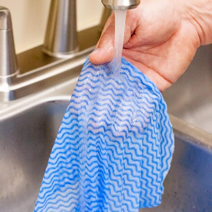 Restaurantware RW Clean 23.6 x 11.8 Inch Reusable Cleaning Cloths 10 Wipes All-Purpose Dish Wipes- Durable Machine-Washable Blue Viscose Disposable Cloths Pre-Cut Rectangle Restaurantware