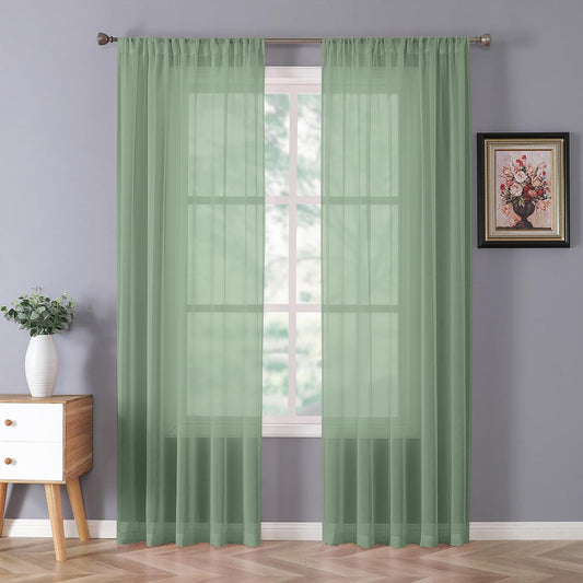 Tollpiz Sheer Curtains Bedroom Linen Textured Curtain Sheers Light Filtering Voile Rod Pocket Curtains for Living Room, 38 x 84 inches Long, Sage Green, Set of 2 Panels