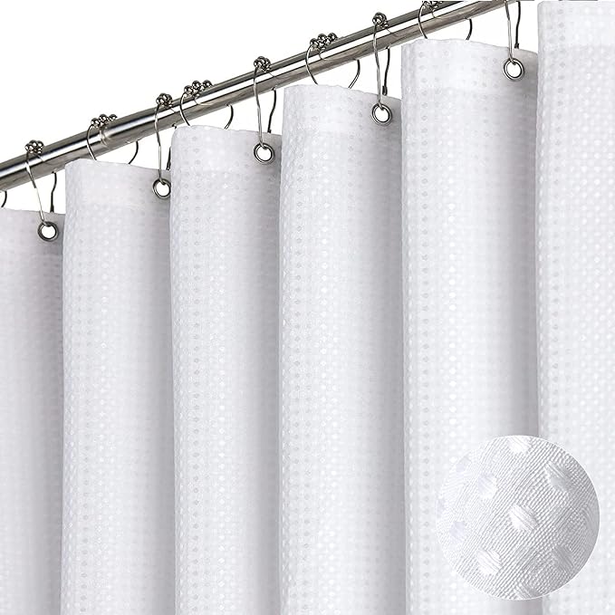Dynamene Stall Fabric Shower Curtain - 60 x 84 inch Long Waffle Weave Weighted Thick Cloth Shower Curtain for Bathroom, Neutral Heavy Duty Hotel Spa Luxury Shower Curtain Set with 10 Hook, White