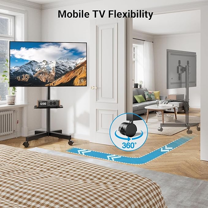 PERLESMITH Rolling TV Stand, Mobile TV Stand for 23-60 Inch LCD LED TVs, Tilt TV Stand Wheels Holds up to 88Lbs, Portable TV Stand for Bedroom with Shelf, Outdoor TV Stand Max VESA 400x400mm PSTVMC06
