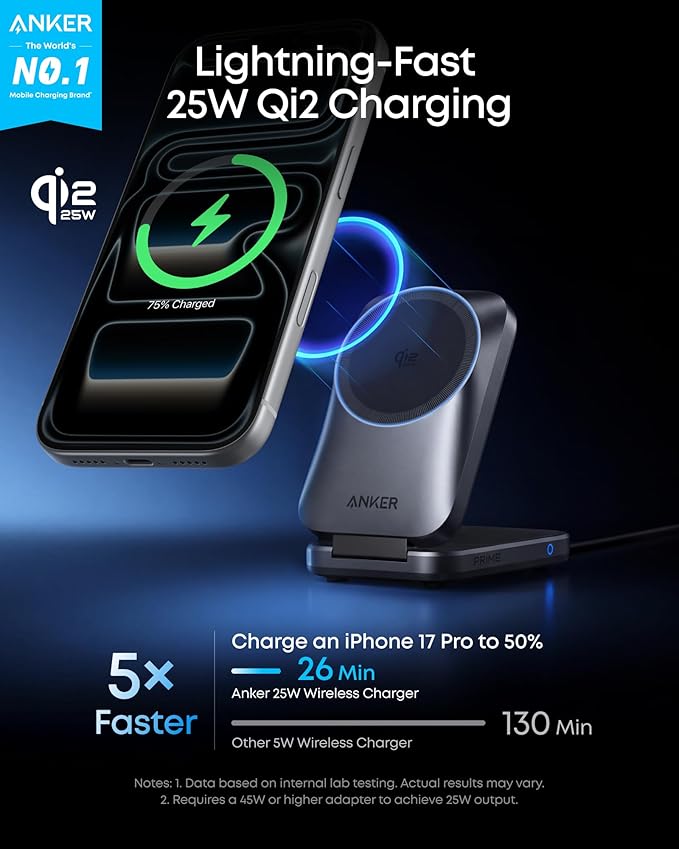 Anker Prime 3-in-1 Wireless Charging Station, MagSafe Charger Stand Compatible, Qi2.2 25W Certified Palm-Sized Foldable Charger for iPhone 17/16, Apple Watch, AirPods (Non-Battery, Adapter Included)