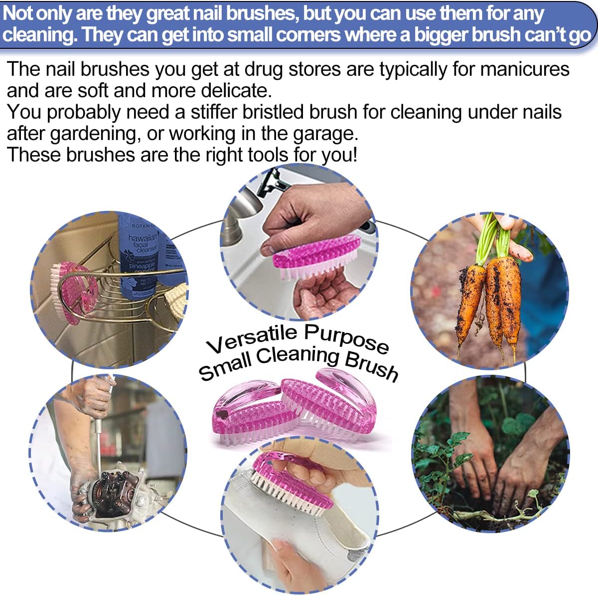 Handle Grip Nail Brush for Cleaning Fingernails Hands & Under Nails, Stiff Bristle Mechanic Scrub Brush Cleaner for Men Women, Pedicure Scrubbing Tool kit - 4 Pink