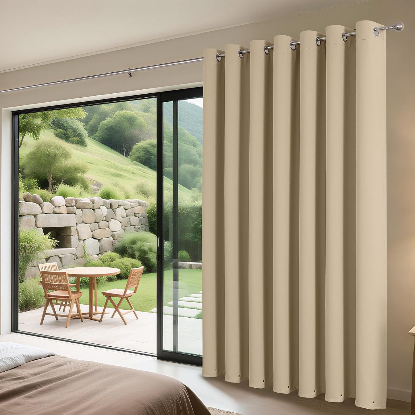 Joydeco Blackout Patio Sliding Door Curtains 90 Inches Long, Grommet Privacy Room Divider Curtains, Extra Wide Thermal Blackout Drapes for Bedroom Living Room (Light Beige, 70Wx90L, 1 Panel)