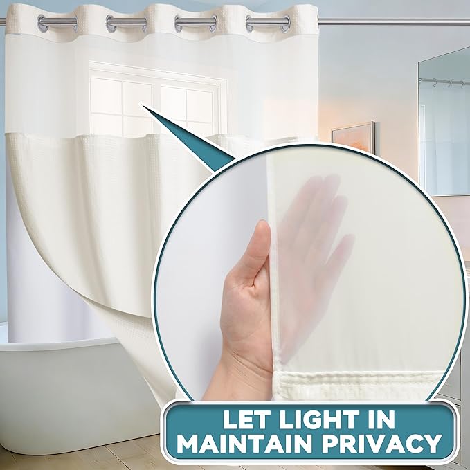 Conbo Mio Stall No Hook Waffle Weave Shower Curtain with Snap in Liner Set, Hotel Luxury Beige Shower Curtains for Bathroom with See Through Top Window, Waterproof, Washable 54W x 74H