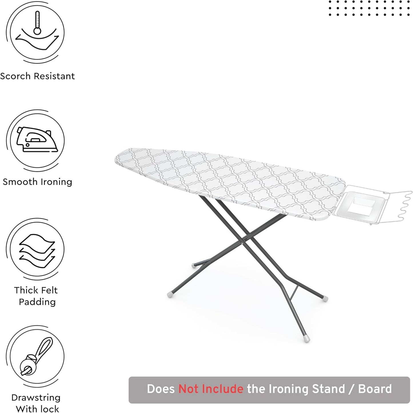 Encasa XO Ironing Board Cover and Pad 42"x14" - Thick 3mm Felt Padding, Drawstring Tightening & Lock, Easy Fit, Scorch & Stain Resistant, Fits Medium Ironing Board - White Tiles