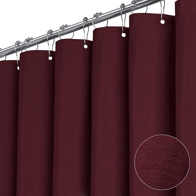 BTTN Fabric Shower Curtain, Linen Textured Heavy Duty Polyester Cloth Shower Curtain Set with Plastic Hooks, Burgundy, 72x96