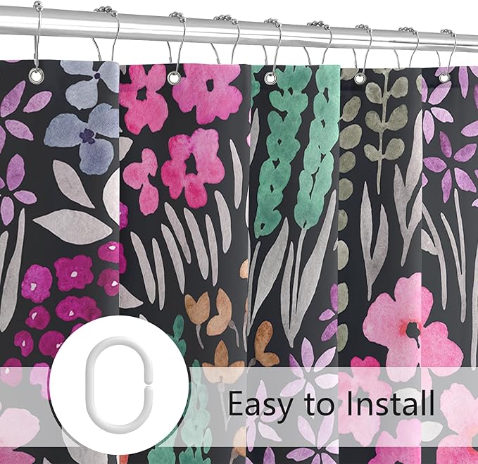 Extra Long Shower Curtain 72 x 84 Inch, Tall Cute Floral Shower Curtain for Bathroom, Black Hot Pink Wildflower Boho Cottagecore Fabric Shower Curtain Set with Hooks