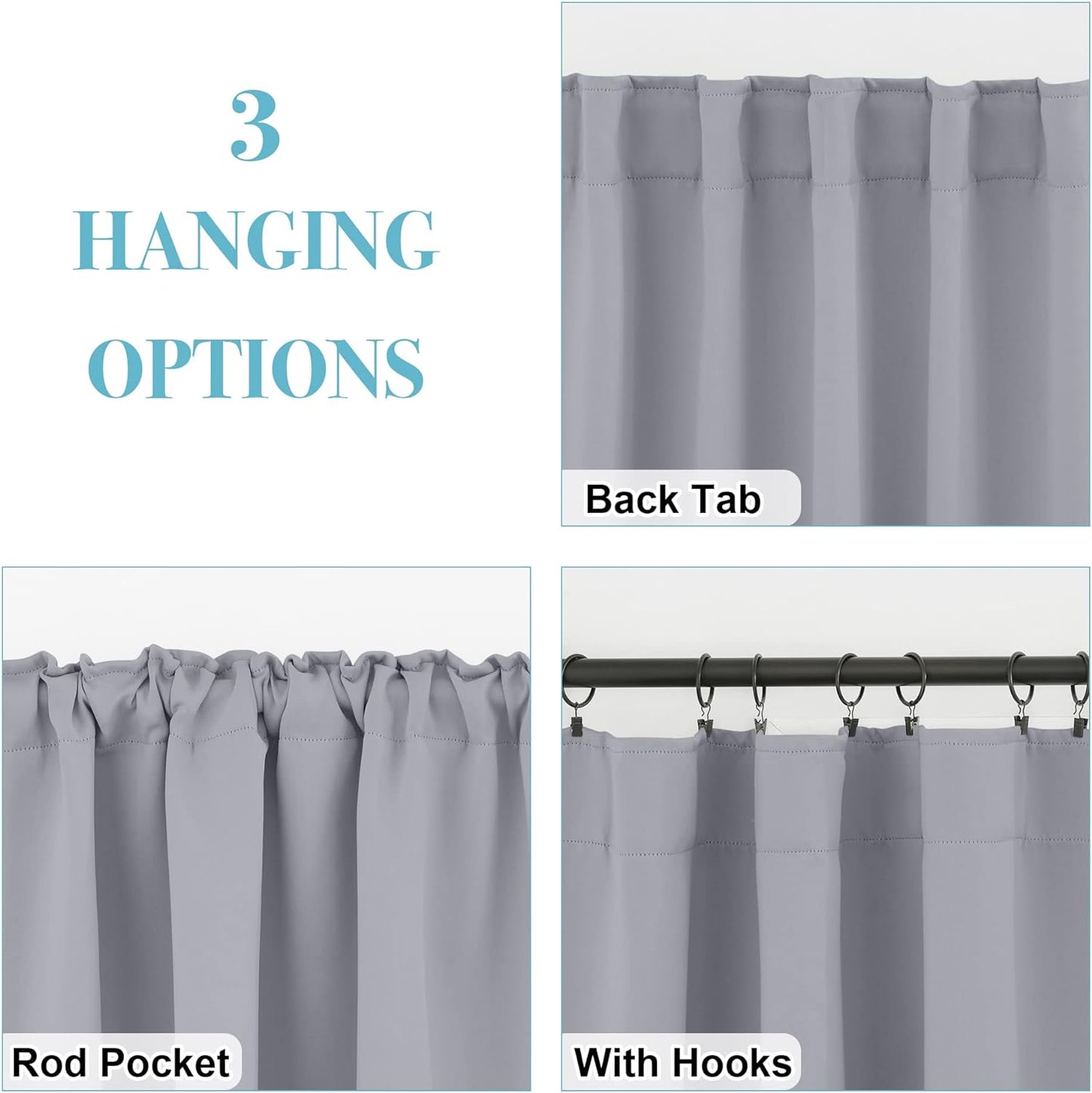 RYB HOME Bedroom Curtains, Room Darkening Thermal Insulated Curtain Back Tab Pleat Drapes Decent Window Treatment for Home Office Playroom Living Room, W42 x L36 inches, Sliver Grey, 2 Panels