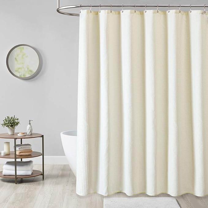 Dynamene Long Fabric Shower Curtain - Waffle Textured Tall Heavy Duty Cloth Shower Curtains for Bathroom, 256GSM Large Hotel Luxury Bath Curtain Set with 12 Plastic Hooks,72Wx78H, Cream/Ivory
