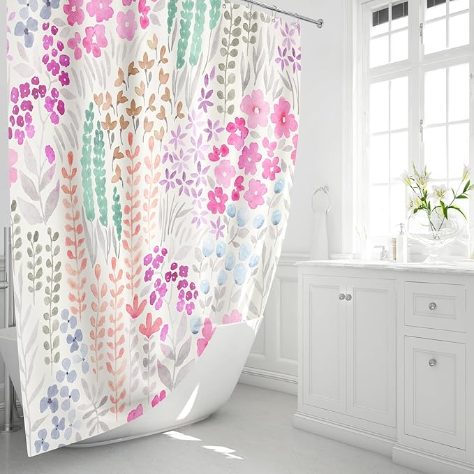 Hot Pink Cute Floral Shower Curtain, Colorful Plant Leaves Watercolor Flower Fabric Shower Curtain, Boho Funky Wildflower Shower Curtain Set, Cottagecore Bohemian Bathroom Decor, 72x72