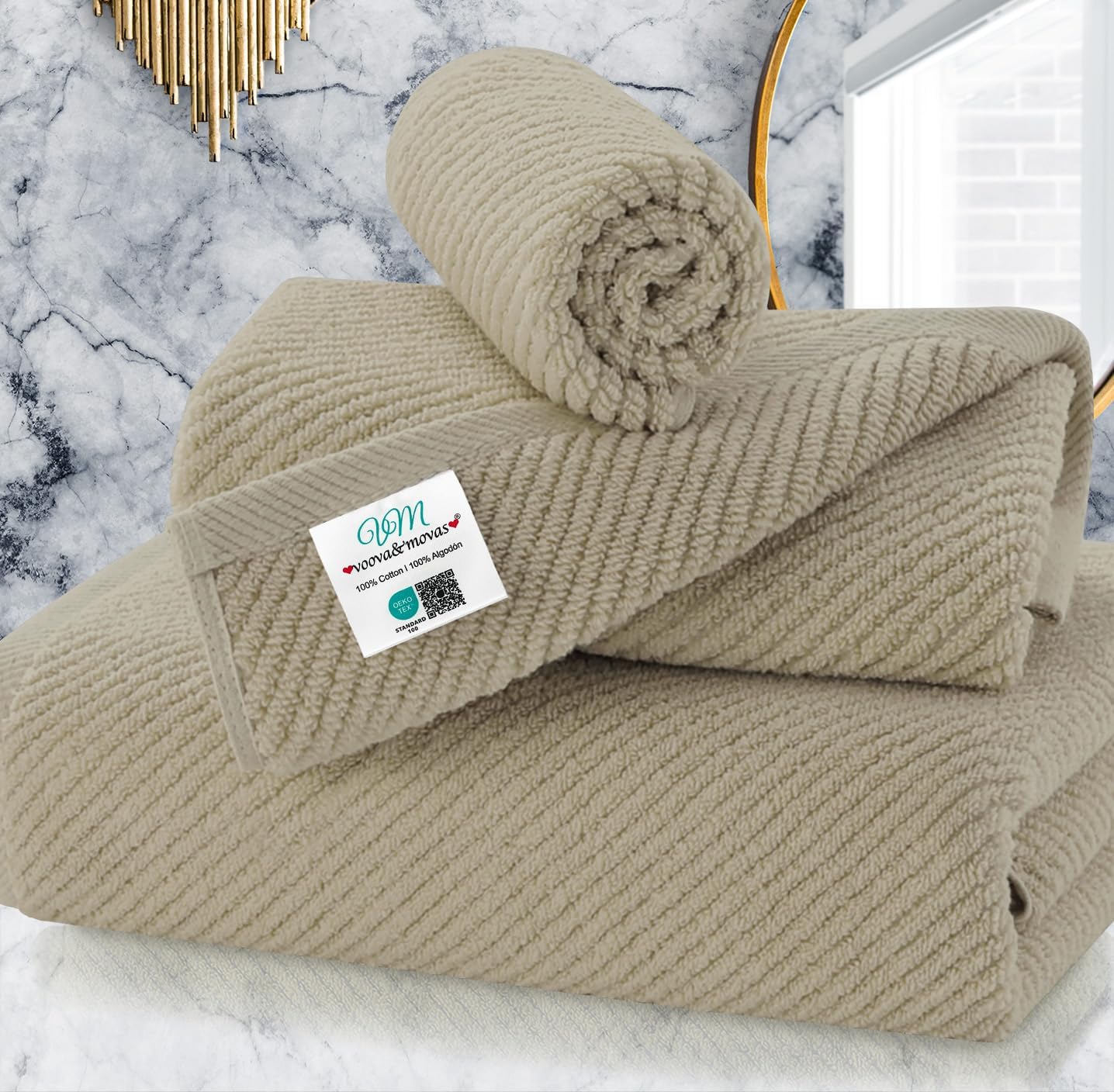 VOOVA & MOVAS Dark Beige Towels for Bathroom - 100% Cotton | Quick Dry | Soft | Thick, 3 Piece Towel Set, 1 Large Bath 30" x 56", 1 Hand 18" x 28",1 Wash Cloth 13" x 13", Bathroom Essentials,Dark Tan