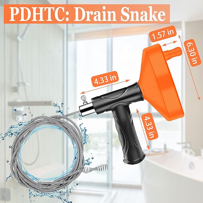 Drain Snake Auger, Plumbing Snake Drain Hair Clog Removal Tool, Heavy Duty Toilet Snake Auger, Sink Unclogger Drain Cleaner Tool for Bathroom Kitchen Tub Shower Drain Clog Remover with Gloves（33 Feet）