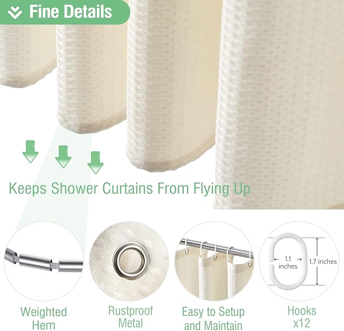 Dynamene Ivory Fabric Shower Curtain - Waffle Textured Heavy Duty Cloth Curtains for Bathroom, 256GSM Hotel Luxury Weighted Polyester Bath Curtain Set with 12 Plastic Hook, 72Wx72H,Cream/Ivory