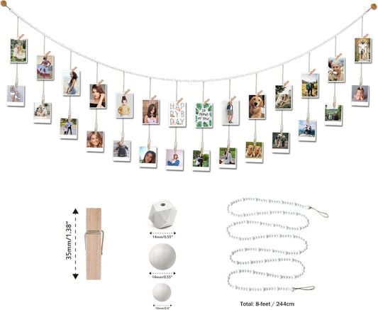8 Feet Wooden Beads Garland with Clothespins Picture Cards Holder - Country Farmhouse Christmas Nursery Boho Holiday Decorations with Clips