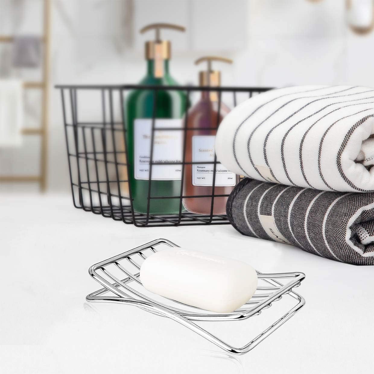 Soap Dish Stainless Steel Bar Soap Holder for Shower Bathroom, Self-draining Soap Dishes Sponge Holder for Kitchen Sink, Easy Cleaning Quick Dry with White Soap Saver