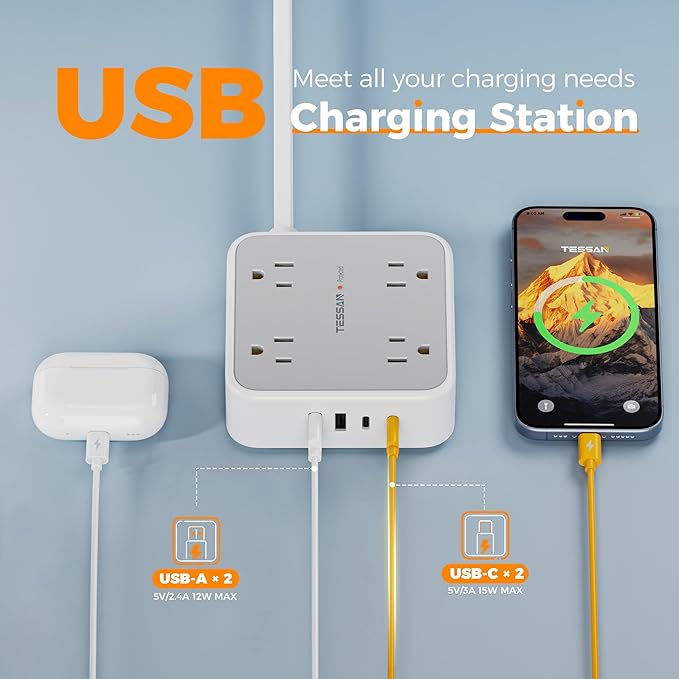 TESSAN Surge Protector Power Strip, 5 FT Extension Cord with Multiple Outlets Flat Plug, 4 USB (2 USB C) and 8 AC Outlets, 900 Joules Protection, Wall Mount Charging Station for Home, Office, Dorm
