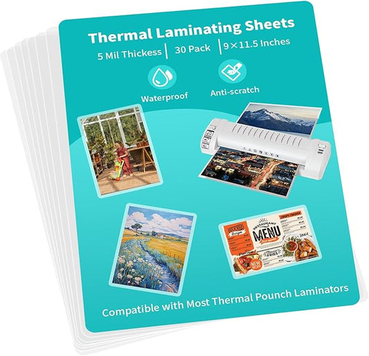 Thermal Laminating Pouches 5 mil, Clear 9 x 11.5 Inch Laminating Sheet Paper for Thermal Laminator, Holds 8.5 x 11 Inch Letter Size Sheets (30 Pack)