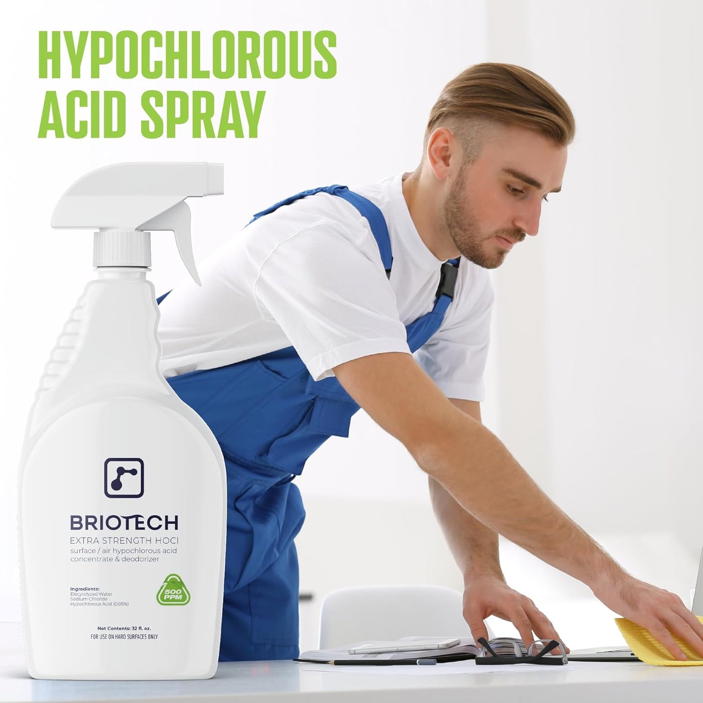 BRIOTECH Extra Strength HOCl Cleaner, 500 PPM Hypochlorous Acid Concentrate, ULV Foggers & Humidifiers, Professional Deodorizer for Dental, Offices, Schools, Homes, Peroxide Free, 32 fl oz (2 Pack)