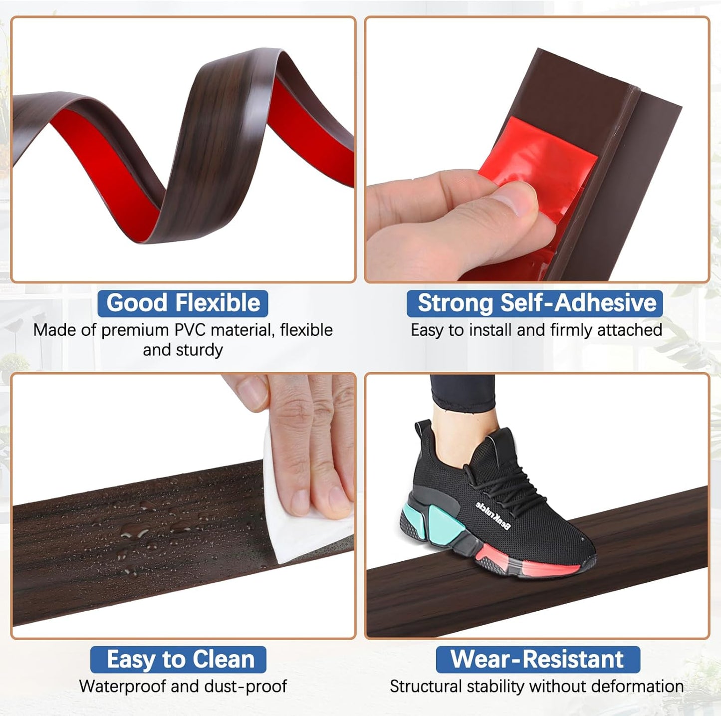 Vinyl Door Threshold Flooring Transition Strip Self Adhesive Carpet Edging Strip for Laminate Doorway Edge Threshold from 3/5" to 4/5" (Brown Wood Grain, 3.3 Ft)