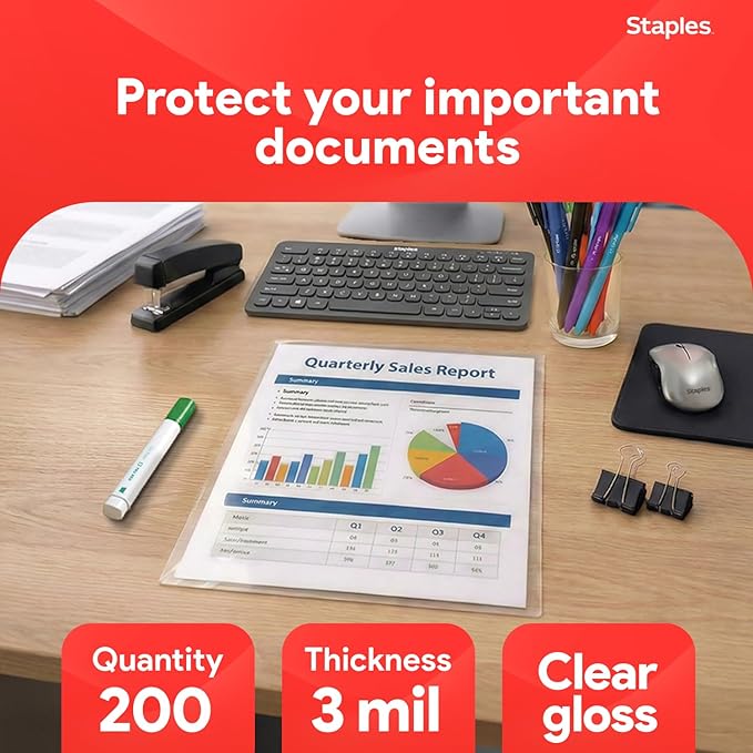 Staples Thermal Laminating Pouches, Letter Size, 9 x 11.5 Inches, 3 Mil, 200/Pack, for Office & School Use