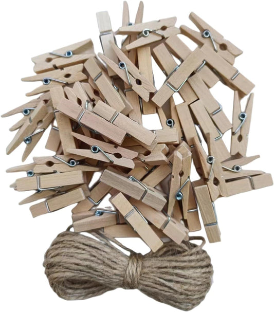 50PCS Small Wooden Clothespins for Pictures with Jute Twine Miniature Clothes Pins for Crafts Decor Drying Clothing Peg Natural Wood Shirt Clips