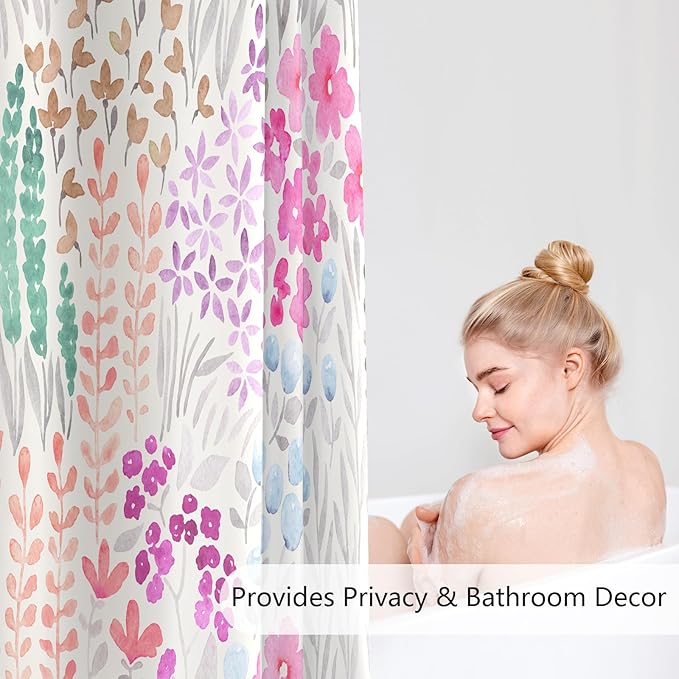 Hot Pink Cute Floral Shower Curtain, Colorful Plant Leaves Watercolor Flower Fabric Shower Curtain, Boho Funky Wildflower Shower Curtain Set, Cottagecore Bohemian Bathroom Decor, 72x72