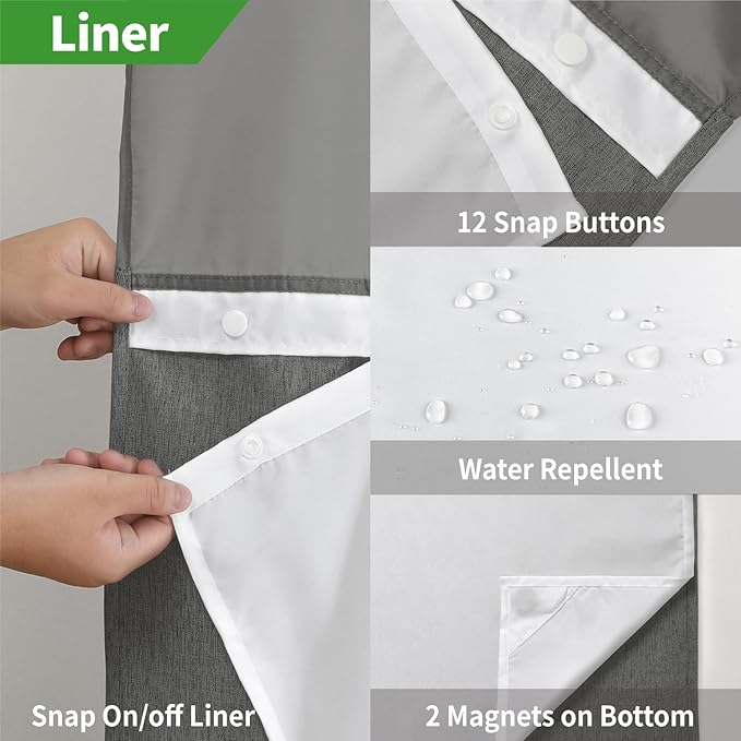 Extra Long No Hooks Needed Linen Textured Shower Curtain with Snap-in Fabric Liner Set,White Hotel Luxury Decor Shower Curtains for Bathroom,Waterproof & Washable,71Wx86H,Charcoal Grey